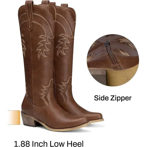 Women's Brown Comfortable Pointed Toe Knee High Cowgirl Boots Chunky Low Heel - Picture 5 of 6